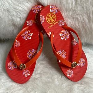 TORY BURCH FLIP FLOPS,  BRIGHT ORANGE WITH INSIGNIA SZ 8